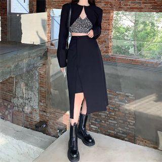 Leopard Print Camisole Top / Cropped Jacket / Midi A-line Skirt
