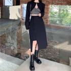 Leopard Print Camisole Top / Cropped Jacket / Midi A-line Skirt
