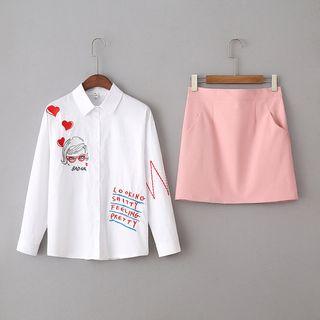 Set : Embroidered Long-sleeve Blouse + A-line Skirt