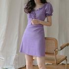 Frill-trim Lace-up Puff-sleeve Dress