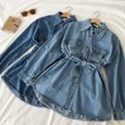 Plain Lettering Embroidered Lace-up Denim Long-sleeve Dress