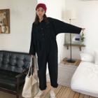 Plain Long-sleeve Loose-fit Cargo Jumpsuit
