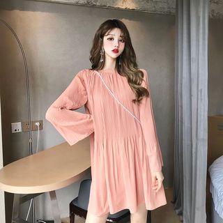 Plain Bell-sleeve Loose-fit Pleated Dress