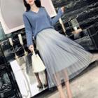 Set: V-neck Sweater + High Waist Midi Mesh Skirt
