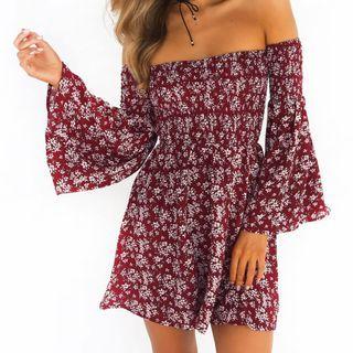 Off-shoulder Bell-sleeve Floral Mini A-line Dress