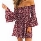 Off-shoulder Bell-sleeve Floral Mini A-line Dress