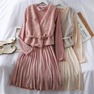 Set: Pleated-hem Velvet A-line Dress + Furry Vest With Belt