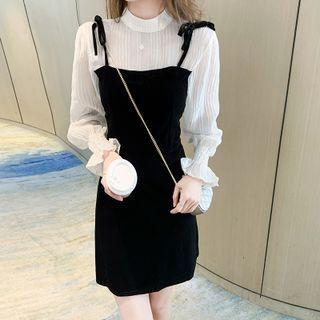 Long-sleeve Round-neck Mock Two-piece Velvet Sleeveless Dress