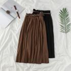 Frilled Waist Plain Pleated Midi Skirt