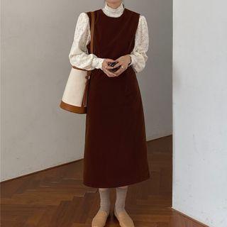 Long-sleeve Lace Blouse / Midi A-line Pinafore Dress