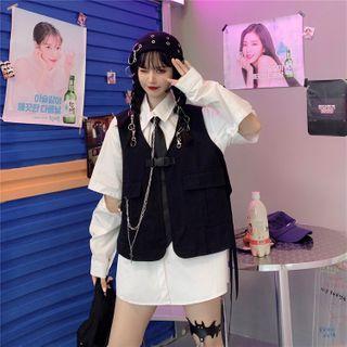 Elbow-cutout Shirt / Buckled Vest / Neck Tie / Chain / Set