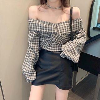 Long-sleeve Plaid Off-shoulder Twist-front Top / A-line Mini Skirt
