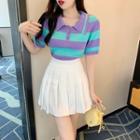 Short-sleeve Striped Ribbed Polo Knit Top / Pleated A-line Skirt