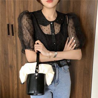 Set: Short-sleeve Mesh Blouse + Tank Top