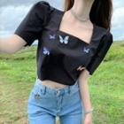 Butterfly Applique Elbow-sleeve Cropped Blouse