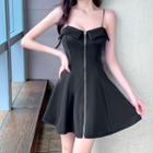 Spaghetti-strap Zip-up Mini A-line Dress