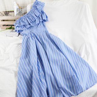 Sleeveless One-shoulder Striped Midi Dress