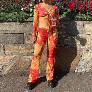 Set: Long-sleeve Tie-dye Crop Top + Pants