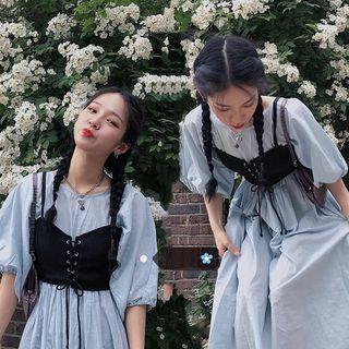 Plain Puff-sleeve Loose-fit Dress / Lace Up Camisole Top As Figure - One Size