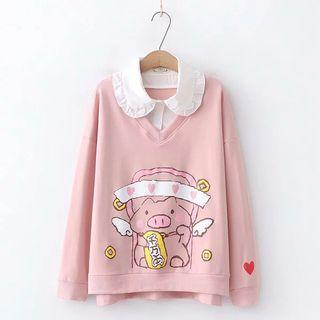 Mock Two Piece Cartoon Pig Printed Sweatshirt