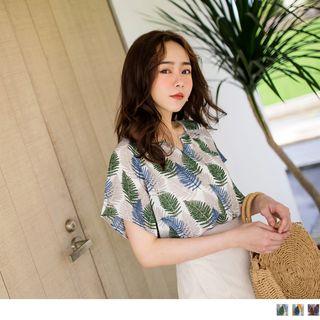 Leaf Patterned Notched Neck Chiffon Top