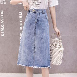 Frayed Washed Denim Midi Pencil Skirt