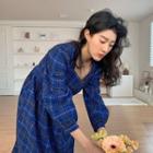 Square-neck Long Plaid Dress Blue - One Size