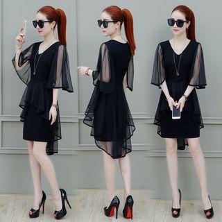 Elbow-sleeve Mini Mesh Dress