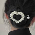 Heart Faux Pearl Alloy Hair Stick 2548a - White & Silver - One Size