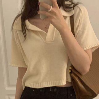 Short-sleeve Cropped Polo Knit Top Yellow - One Size