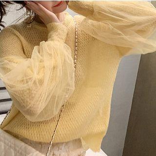 Puff-sleeve Mesh Paneled Sweater