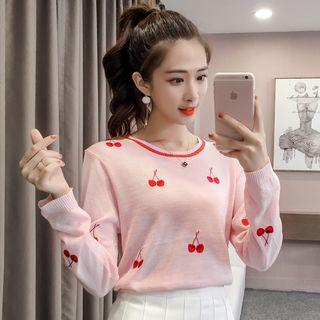 Cherry Embroidered Long-sleeve Knit Top