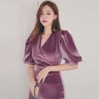 Elbow-sleeve Midi Velvet Sheath Dress