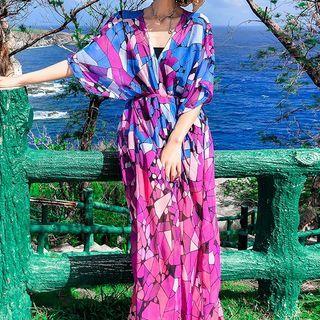 Patterned Elbow-sleeve Maxi A-line Dress Gradient - Blue & Pink - One Size