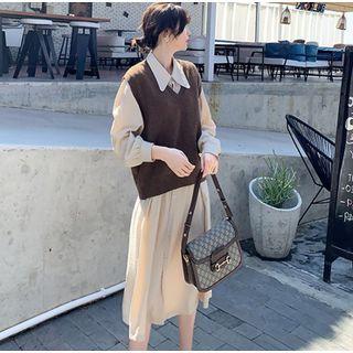 Set: Long Sleeve Plain Shirtdress + Plain Knit Vest
