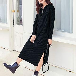 Hooded Long-sleeve Midi Knit Dress Black - One Size