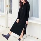 Hooded Long-sleeve Midi Knit Dress Black - One Size