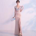 V-neck Short-sleeve Slit Sheath Evening Gown