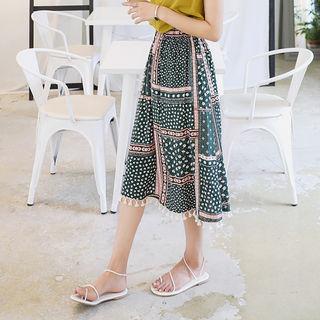 Band-waist Tasseled-hem Pattern Long Skirt