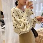 Dotted Long-sleeve Blouse Beige - One Size