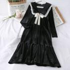 Lace-trim Sailor-collar Velvet A-line Dress Black - One Size