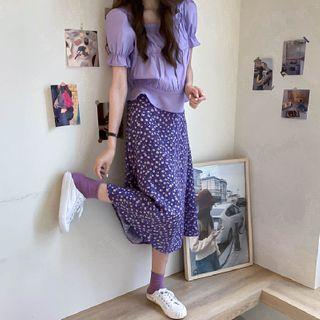 Set: Puff-sleeve Frill Trim Top + Floral Print A-line Midi Skirt