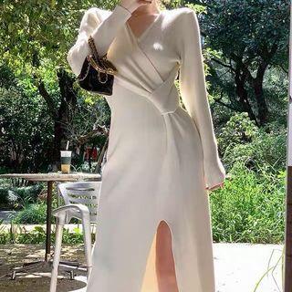 Long-sleeve Wrap Knit Midi A-line Dress
