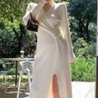 Long-sleeve Wrap Knit Midi A-line Dress