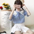 Lace Collar Gingham Short-sleeve Blouse