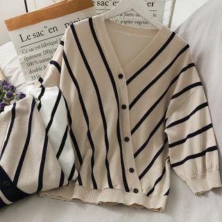 Diagonal-button Striped Loose Knit Top In 5 Colors