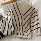 Diagonal-button Striped Loose Knit Top In 5 Colors
