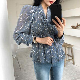 Scarf-neck Floral Chiffon Empire Blouse