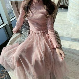 Ruffled Long-sleeve Mesh Panel Maxi A-line Dress