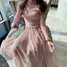 Ruffled Long-sleeve Mesh Panel Maxi A-line Dress